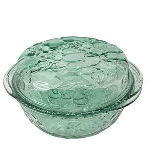 Libbey Orchard Fruit Green Covered Casserole Dish 3‎ Quart Oven Proof Glass Vtg